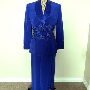 Oleg Cassini Black Tie Evening Suit Sapphire Blue Sequins Size 6 Vintage 1980's